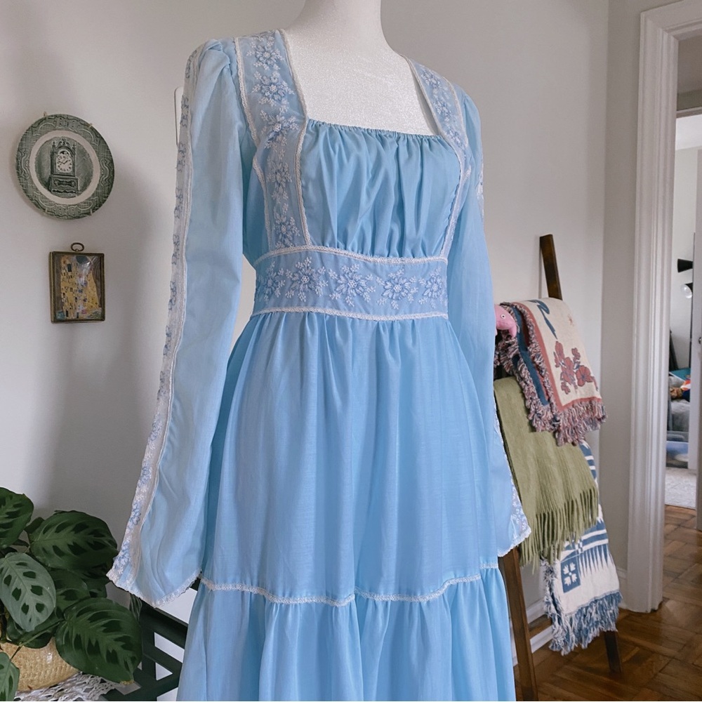 Gunne Sax Light Blue Maxi Dress with Lace Trim